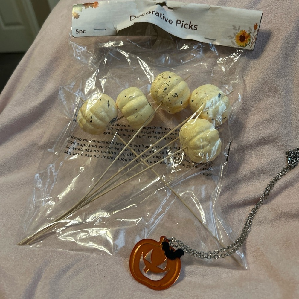 Crafter’s Square Harvest Pumpkin Decoration LOT Of 5 Pumpkins & 1 Necklace